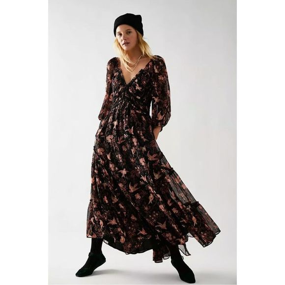 Free People Dresses & Skirts - NEW Free People You're A Jewel Printed Maxi Dress Black Long Sleeve Bird Print